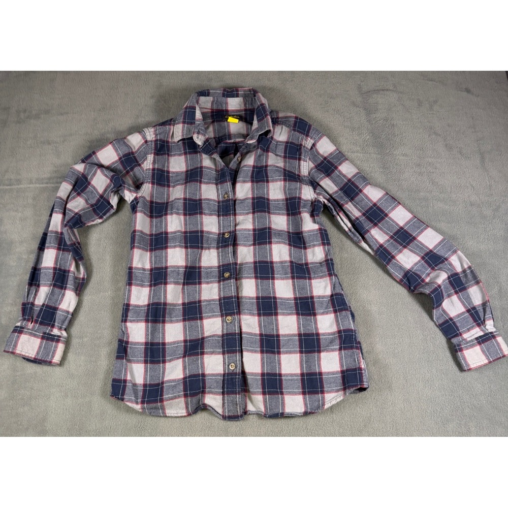 Cabelas Womens Navy Blue White Red Plaid Flannel Button Down Shirt Cotton Small